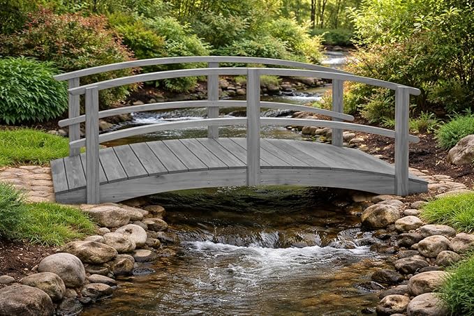 10 FT Grey Amish Made Garden Bridge with Double Rails for Walkway, Backyard Pond & Landscaping, Outdoor Wooden Footbridge for Koi Pond, Japanese Style Decorative Bridge, Made in USA
