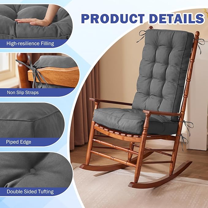 Rocking Chair Cushion, Waterproof and Fade-Resistant Patio Chair Cushions, Tufted Chair Pads for Rocker Furniture, 18x18 Inch, Indoor/Outdoor Seat Cushions with Ties, Dark Grey
