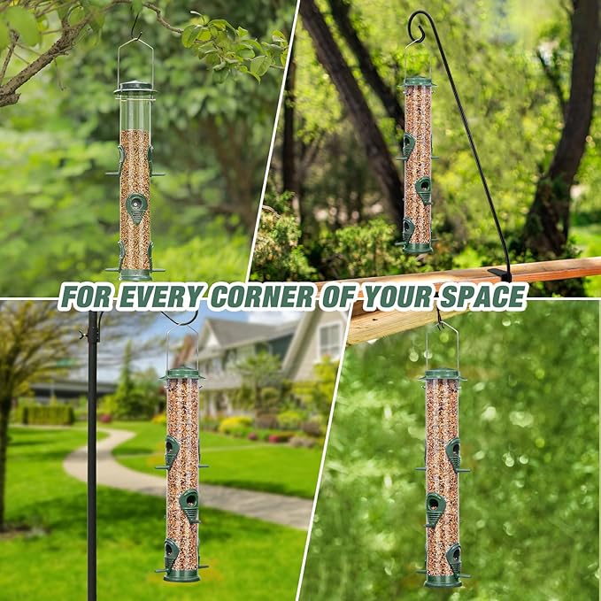 ERYTLLY Metal Bird Feeders 6 Port Tube Bird Feeder for Wild Birds, 1.4mm Extra Thick Solid Tube Transparent with Steel Hanger Bird Feeders Squirrel Proof for Outside