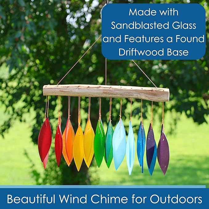 Blue Handworks Rainbow Glass Chime, Sandblasted Glass and Found Wood Handcrafted Wind Chime