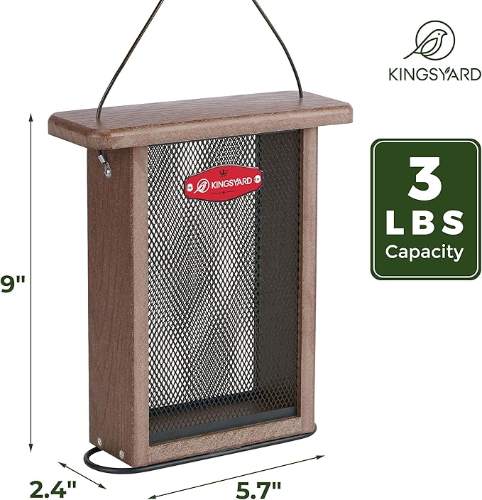 Kingsyard Finch Feeder for Outside Hanging, Metal Mesh Bird Feeders for Thistle/Nyjer Seed, Sliding Mesh & Built-in Perch, Recycled Plastic, Brown