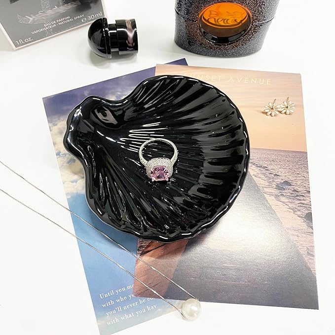 Shell Shape Ring Holder Dish, Seashell Jewelry Dish Tray, Ceramic Trinket Tray for Rings Earrings Necklaces Bracelet, Birthday Mother's Day Christmas Gift for Mom Friend Sister, 3.9", Black