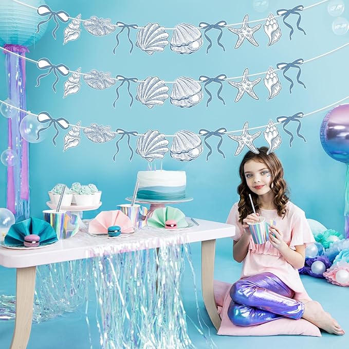 3 PACK Summer Banner Seashells Decor Party Decorations Party Supplies Birthday Decorations Blue Bow Starfish The Sea Summer Birthday Wedding Bachelorette Under Paper Hanging Banner for Baby Showre