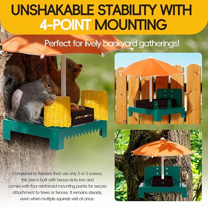 Metal Squirrel Feeder Picnic Table with Umbrella - Heavy Duty Iron Outdoor Chipmunk Feeder, Rust Resistant Corn Cob Holder, Funny Backyard Wildlife Gift for Nature Lovers.(Orange)
