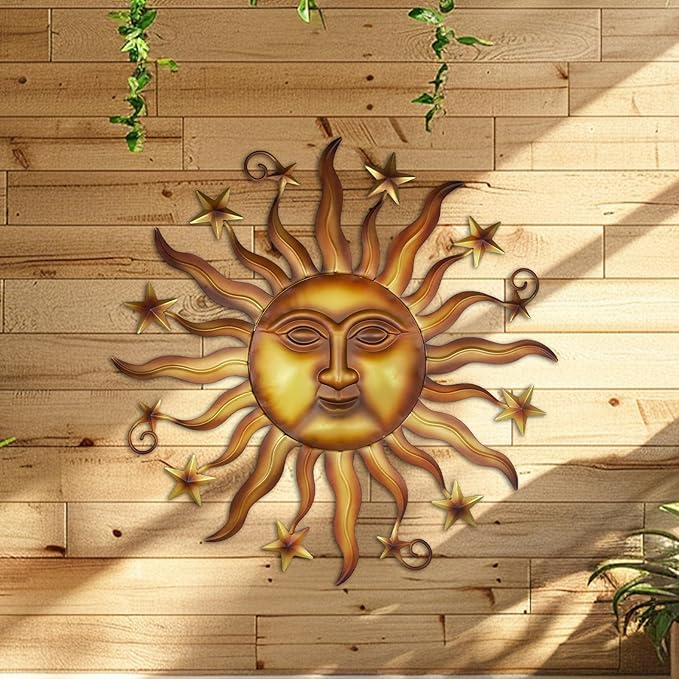 LIFFY 24" Sun Metal Wall Art Outdoor Decor - 3D Sun Face Metal Wall Sculpture - Hanging Decoration Gift Ideal for Home Accent, Bedroom, Garden, Patio, Farmhouse - Lively and Vibrant