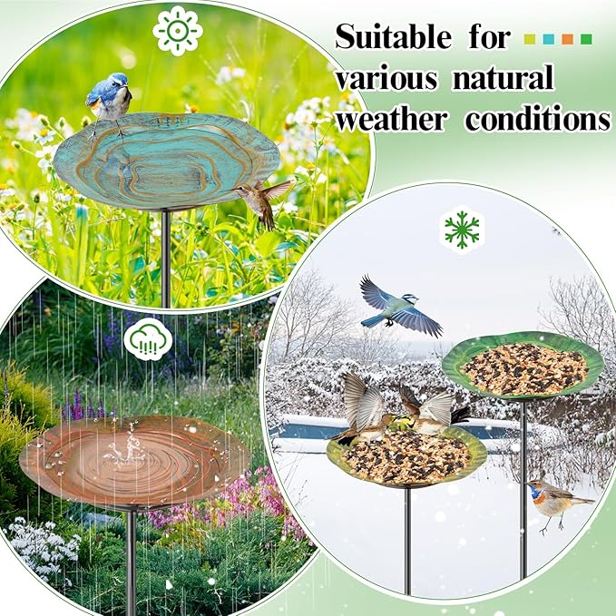 4 PCS Metal Bird Baths for Outdoors, Small Garden Bird Bath with Metal Stake, Hummingbird Feeder for Yard Lawn Decoration (4P-Wave Basin)