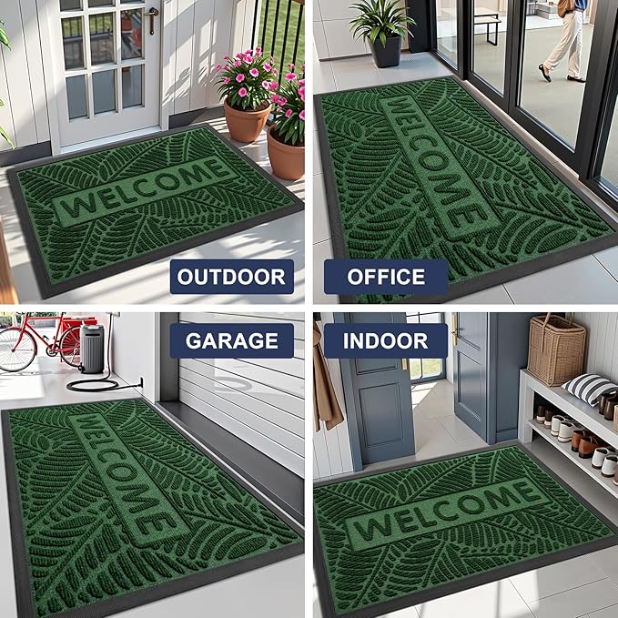 Smiry Welcome Mat Indoor Outdoor, All-Season Waterproof Front Door Mat, Sturdy Natural Rubber Doormat, Non-Slip, Easy Clean, Low Profile Dirt Trapper for Porch Patio Entrance, 29.5x17, Green