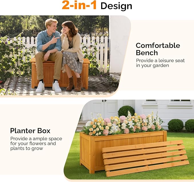 VINGLI Outdoor Wood Bench with Planter Boxes, 2-in-1 All-Weather Porch Bench Seat ＆ Open-Ended Wooden Raised Garden Bed, for Balcony Yard Patio (1 Box + Rectangle)