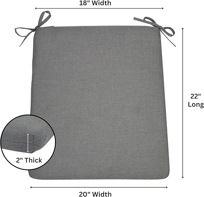Shine Company Weather-Resistant Outdoor Rocking Chair Seat Cushions, 22"x20", Performance Fabric with Foam Core, Removable Cover with Ties, Set of 2, Gray