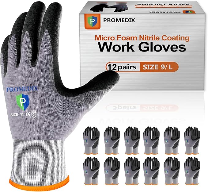 PROMEDIX P Nitrile Coated Work Gloves,MicroFoam Safety Work Gloves Men,Seamless Knit Nylon&spandex Gloves with Grip