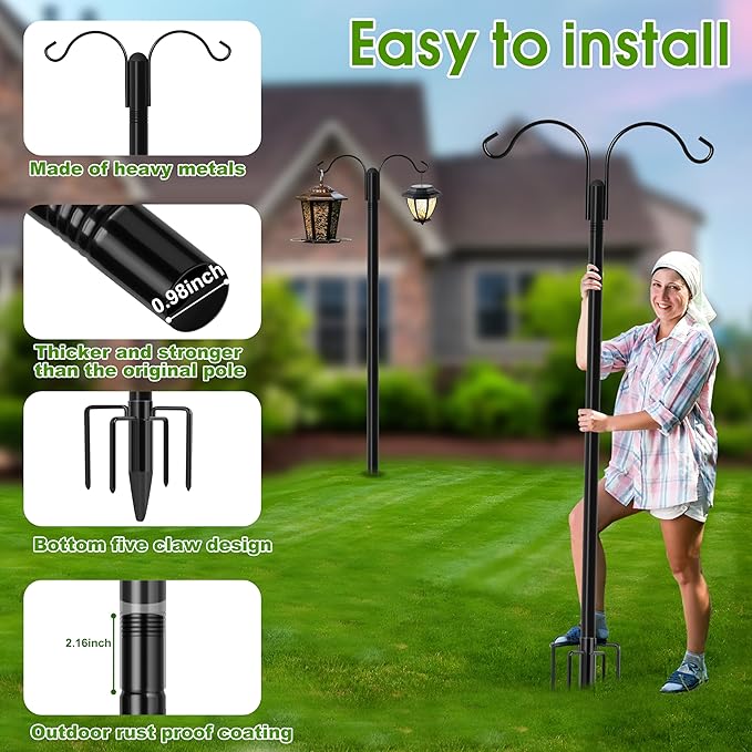 XDW-GIFTS Shepherds Hooks for Outdoor, 2-Pack 60 Inch Heavy Duty Bird Feeder Pole, Garden Pole for Hanging Plants, Lantern, Hummingbird Feeder, Hanging Plant Stand with 5 Base Prongs