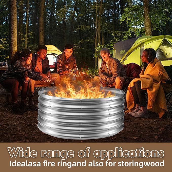 Camp Fire Ring Pit, Large Round Galvanized Steel Fire Pit, Heavy Duty Steel Fire Pit for Backyard, Camping, Bonfire (3.3x3.3x1.5 FT)