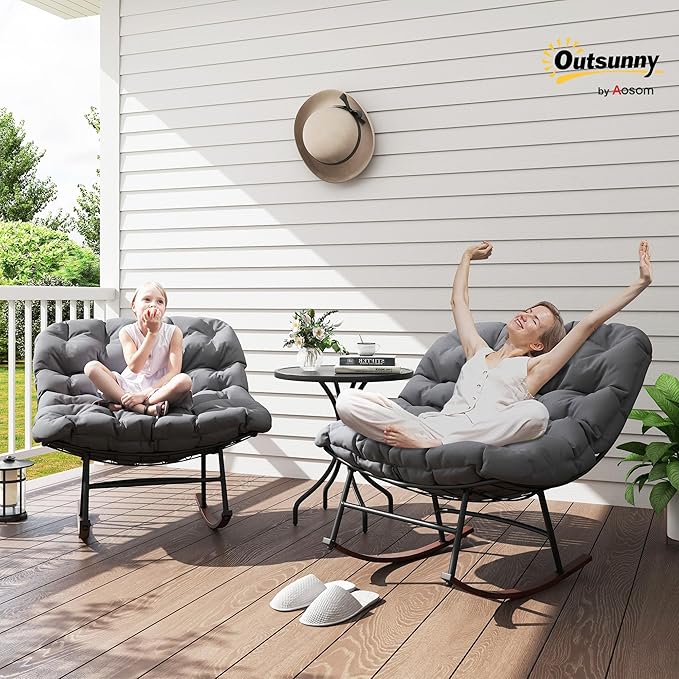 Outsunny Outdoor Rocking Chair Set of 2, Oversized Rocking Papasan Chairs with Cushions, Steel Frame, Comfy Outdoor Rockers for Patio Porch Lawn Garden, Gray