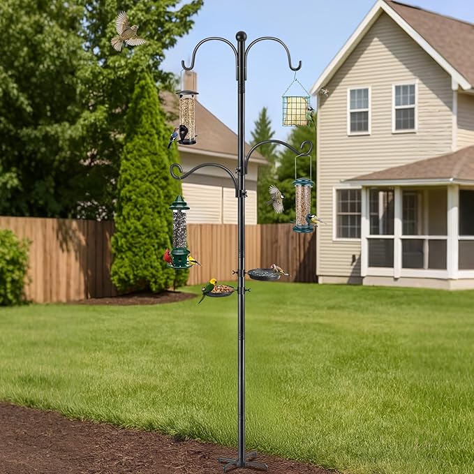 Bird Feeder Pole, Bird Feeding Station 88 Inch Shepherds Hooks for Outdoor Heavy Duty 1 Inch Dia Humming Birds Feeder Stand Hanger Post with 4 Hooks, Water Bowl and Birds Seed Tray