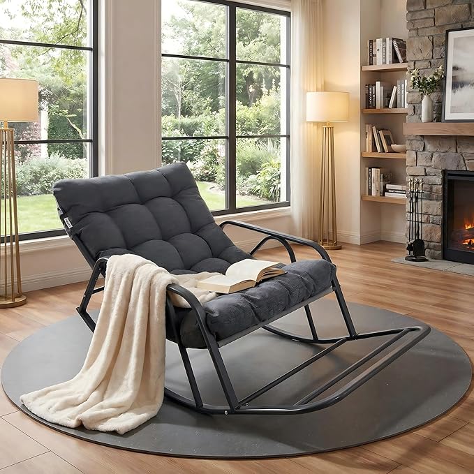 IRONCK Patio Rocking Chair with Armrest and Footrest, Indoor Outdoor Rocking Chair with Cushion, Oversized Lounge Rocker for Garden, Living Room, Balcony, Porch, Gray