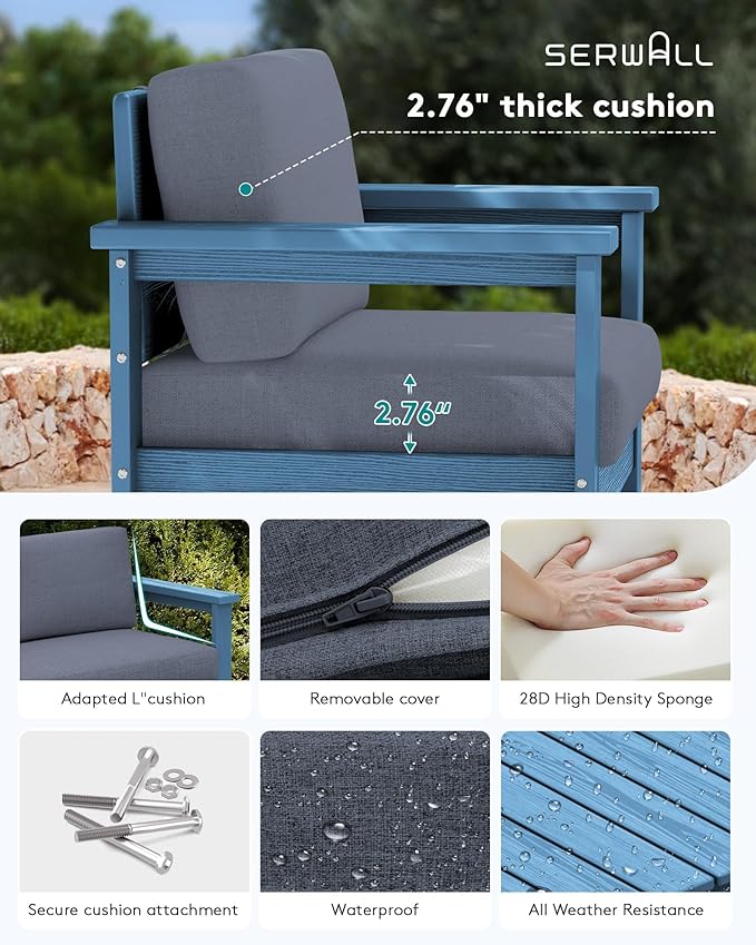 SERWALL 3 Pieces HDPE Outdoor Sofa Bistro Set with Cushions, Outdoor Furniture Sofa Sets with Coffee Table and Cushions, All Weather Conversation Social Set, Blue Frame and Grey Cushion