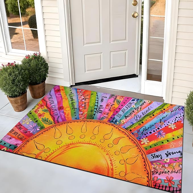 Likiyol Boho Sun Door Mat Outside Entrance, Colorful Floral Welcome Mat Front Door Mat Inspirational Quotes Non Slip Doormat Outdoor Indoor Entrance, Low Profile, Absorbent, 24" x 36"