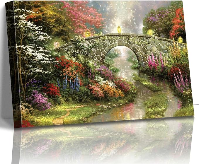 STUDIO HAVEN Thomas Kinkade Canvas Wall Art, Flower Filled Stream Stone Arch Glowing Lanterns Misty Ambiance Oil Painting Poster Rustic Landscape Wall Decor, Framed Prints for Home Decor, 36x24Inch