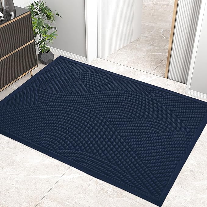 Sturdy Front Door Mat, Absorbent Muddy Dirt Resist Welcome Door Mats Outdoor Indoor, Stain and Fade Resistant, Non-Slip Backing Entry Mat Low Profile Doormat for Entryway, 47×32, Blue