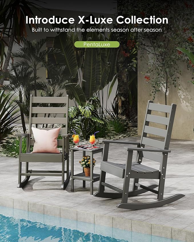 GREENVINES Outdoor-Rocking-Chairs-Set-of-2 | HDPE Plastic | Patio Rockers | Porch Rocker Chair | Shaker | Oversized | High Ladder Back | Big & Tall | PentaLuxe | Grey
