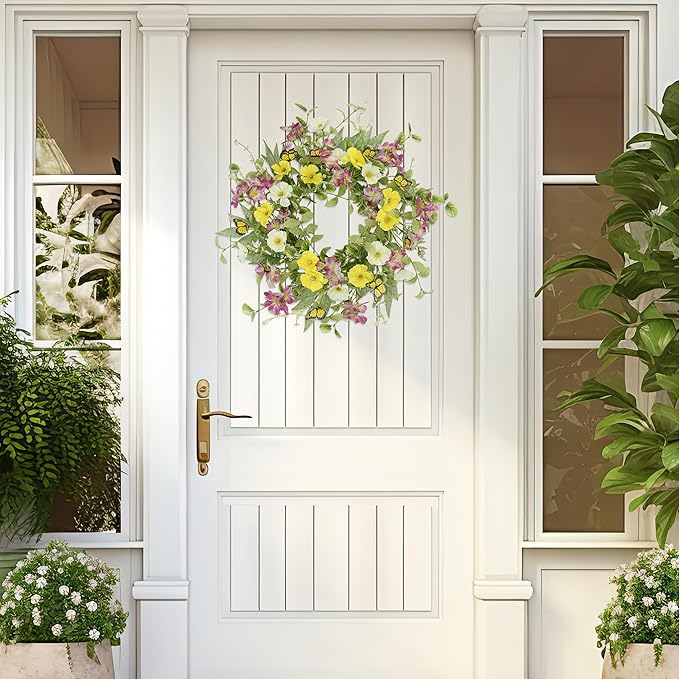 YNYLCHMX 18" Spring Summer Wreaths for Front Door, Artificial Wreath with Yellow Daisies Green Eucalyptus Leaves Butterflies, Green Foliage Wreath for Wall Window Farmhouse Party Holiday Home Decor