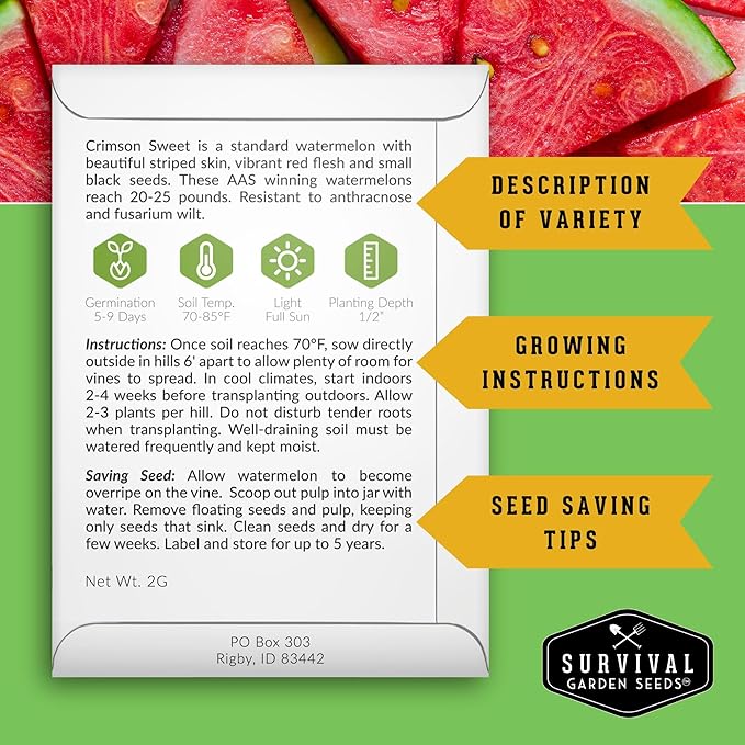 Tri-Color Watermelon Seeds for Planting – Heirloom Variety Pack: Crimson Sweet, Yellow Petite, & Tendersweet Orange – 3-Variety Watermelon Collection by Survival Garden Seeds