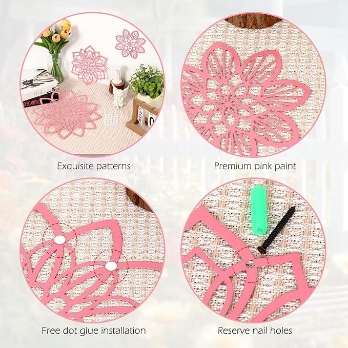 3 Pieces Metal Flowers Wall Decor, Black Wall Decoration Metal, Flower Art Wall Decor Farmhouse Wall Decorations Multiple Flowers Hanging Decor for Bathroom Living Room Home Kitchen Garden Office (Pink Elegant)