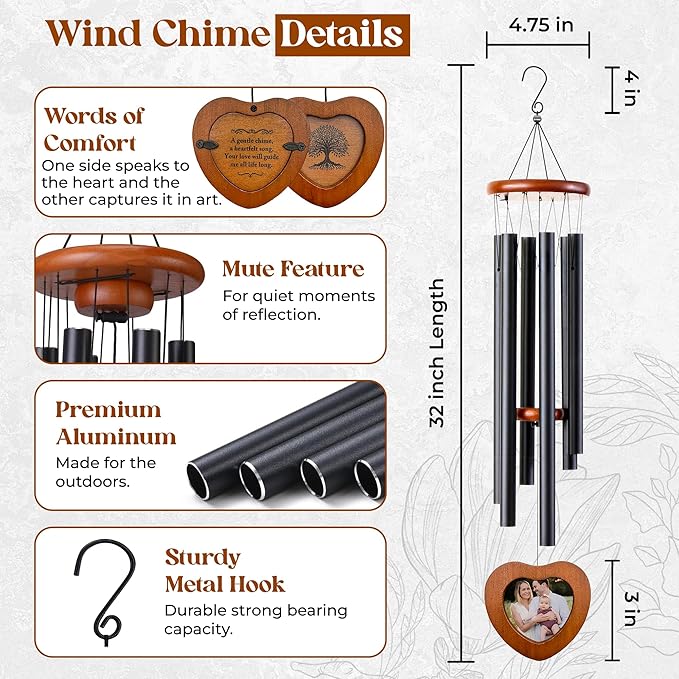 Memorial Wind Chimes for Outside, Personalized Sympathy Gift for Loss of Loved One, 32 Inch Memorial Wind Chimes for Mother Father Brother Sister