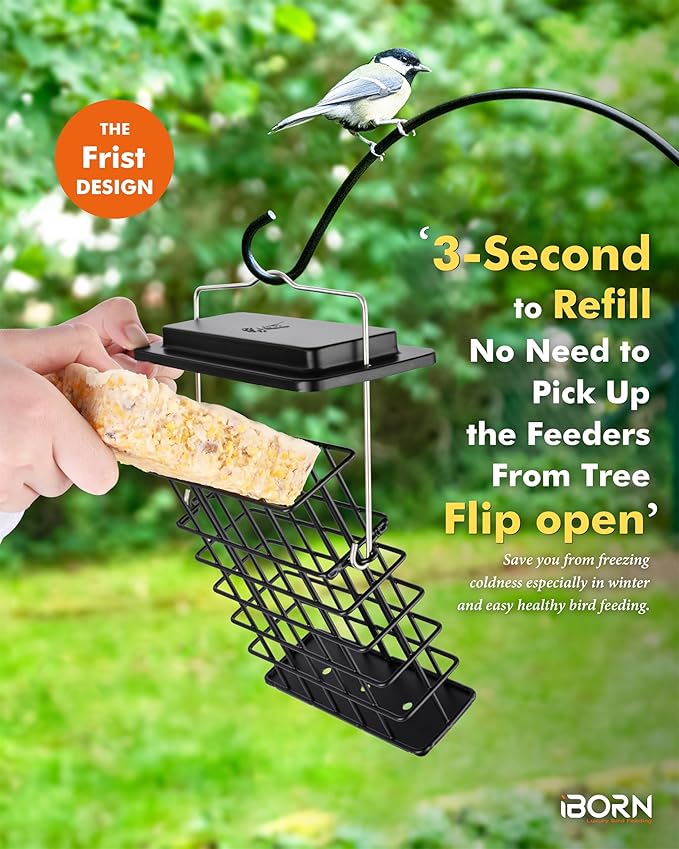 iBorn Suet Feeder Suet Bird Feeders [Single Capacity] for Outside Hanging with Taller Grid for Woodpecker,Metal Black（Pack of 2）