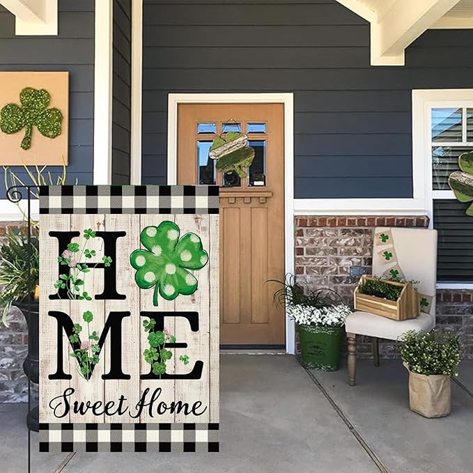 ORTIGIA St Patricks Day Garden Flag Burlap Vertical Double Sided Shamrock Lucky Green Clover Garden Flag Holiday Yard Flag Outside Outdoor Decor 12.5x18 Inch