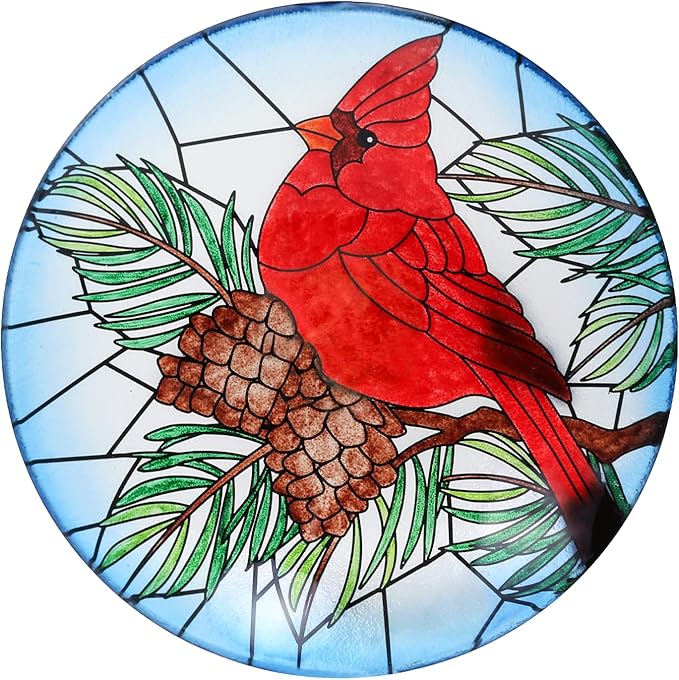 Bird Baths for Outdoors, Glass Birdbaths Outdoor Garden Birdfeeder with Metal Stake for Lawn Yard Decor, 24 Inch Height, Cardinal