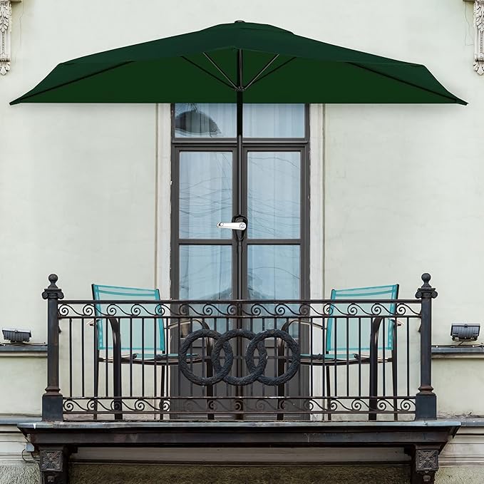Half Umbrella Outdoor Patio Shade - 9 ft Half Patio Umbrella with Easy Crank - Small Canopy for Balcony, Table, or Deck by Pure Garden (Hunter Green)