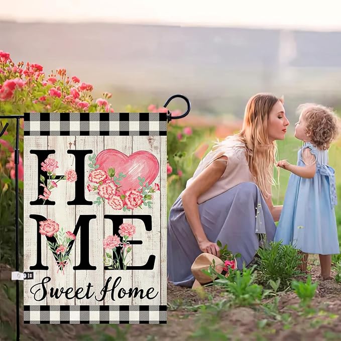 ORTIGIA Happy Mothers Day Garden Flag 12.5 x 18 Inch Double Sided Home Sweet Home Carnation Floral Flower Wedding Anniversary Yard Flag Summer Holiday Outdoor Outside Decoration