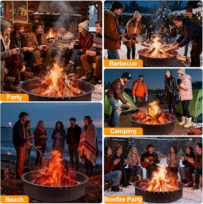 36 Inch Fire Pit Ring, Large Outdoor Campfire Pit for Patio Backyard Garden, Smokeless Steel Firepit with Air Vent for Efficient Burning & Anti-Rust Coating, Brown Steel