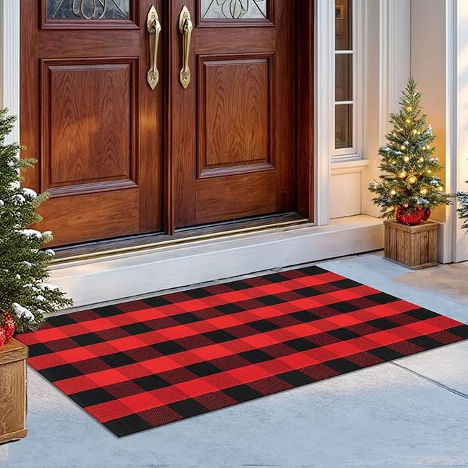 IOHOUZE Christmas Buffalo Plaid Rug 3x5 Ft Outdoor Indoor Doormat Red Black Check Washable Area Rug Woven Cotton Checkered Front Porch Mat Christmas Decor for Front Door Entryway Living Room