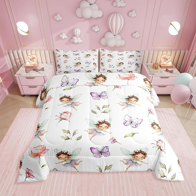 Erosebridal Girls Fairy Queen Comforter Set - Purple Butterfly & Floral Bedding Sets for Kids, Pink Flower Fairies Garden Bed Set | Girly Princess Room Decor with 2 Pillowcases