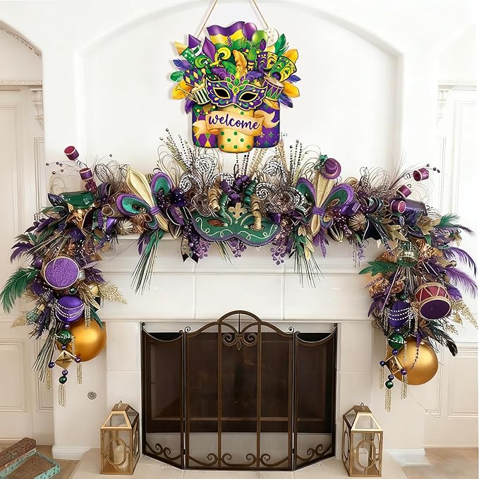 Wooden Mardi Gras Wreath for Front Door Sign Mason Jar Carnival Welcome Door Decoration, New Orleans Hanging Crafts for Wall Home Farmhouse Outdoor Indoor Holiday Party Decor Masquerade Hanger