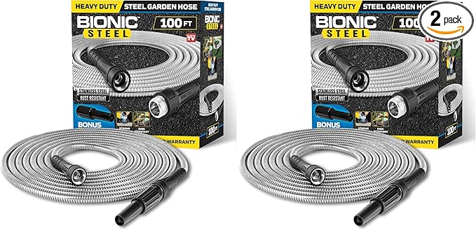 BIONIC STEEL 10Ft Metal Garden Hose with Sprayer Nozzle,NonKinking Designed Stainless Steel Heavy Duty Water Hose 100Ftx5/8".Flexible NON Expandable for Uninterrupted Water Flow,500 PSI(Pack of 2)