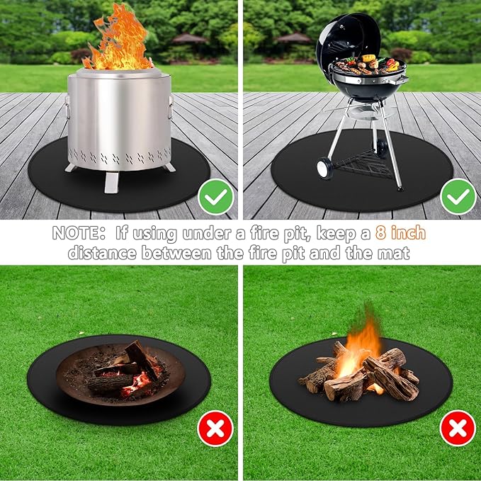 36'' Fire Pit Mat for Solo Stove Bonfire, Round Fireproof Under Grill Mat, Oil-Proof Waterproof BBQ Pad for Deck Patio Grass Outdoor Grill Accessories, Portable and Reusable, Glossy Black