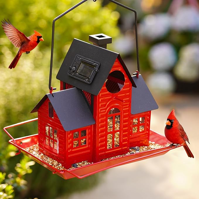 Solar Bird Feeders for Outdoors Hanging,Metal Cardinal Bird House Feeder with Solar Powered Lantern Light,Wild Cardinal Birdfeeder Waterproof Decor for Garden Yard Outside,Gift for Grandma Mom