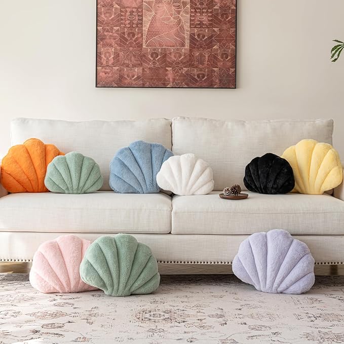 Shell Pillow, Seashell Throw Pillow with Soft Rabbit Plush for Couch Bed, Shell Shaped Decorative Ocean Pillow Stylish Beach Cushion Room Aesthetic Home Decor (Orange, 14 X 11 Inches)