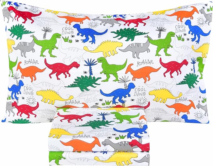 Scientific Sleep Colorful Dinosaur Cute Fun 100% Cotton Cozy Twin Bed Sheet Set, Flat Sheet & Fitted Sheet & Pillowcase Kids Boys Girls Natural Bedding Set (Dino, Twin)