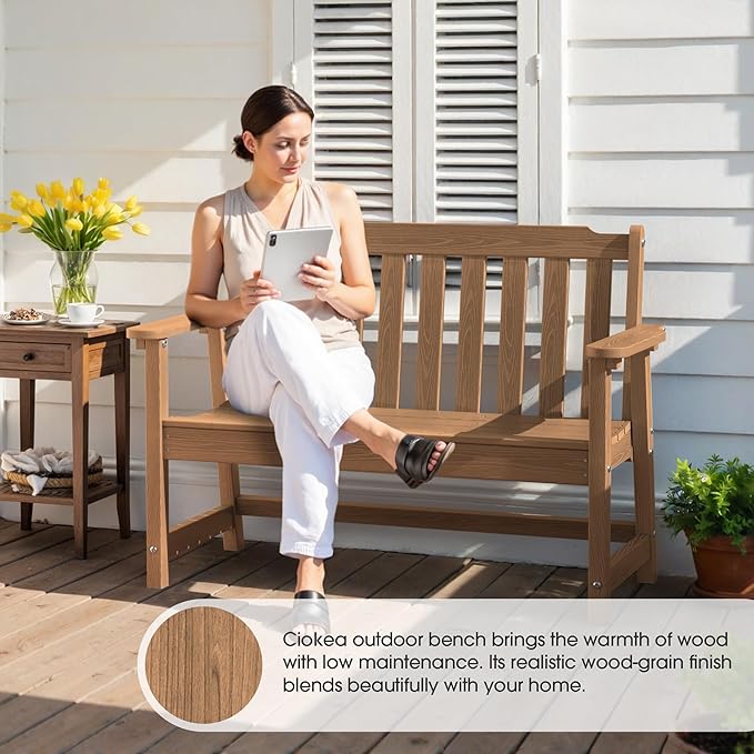 Ciokea 49" Heavy Duty Outdoor Bench Set of 2, HDPE Weatherproof Garden Bench, 2-Person Memorial Benches with 660 Lbs, Waterproof Patio Porch Benches for Outside Business Deck Office Backyard, Teak