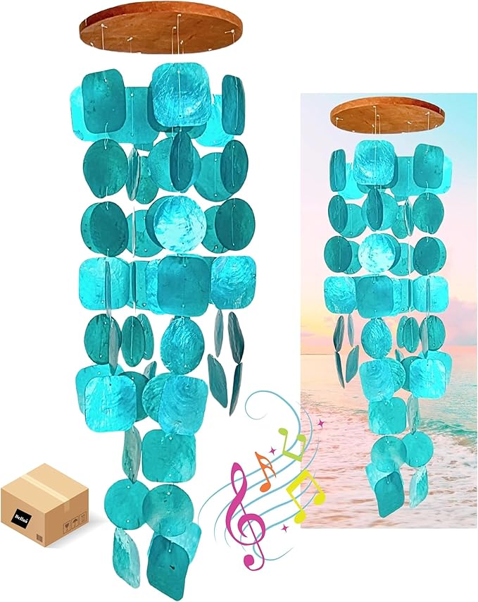 Bellaa 20744 Wind Chimes Outdoor, Garden Decorations, Musical, Indoor/Outside Windchimes, Beach, Ocean Breeze, Gifts for Mom, Gift for All Occasions, Capiz Shells Turquoise