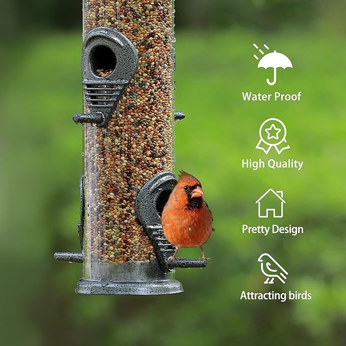MIXXIDEA 2PK Metal Bird Feeders with 6 Feeding Ports,Tube Bird Feeder with Steel Hanger,Hard Plastic Wild Bird Feeder for Outdoors Hanging, Attracting Birds in Your Lawn, Garden, Balcony (Grey)
