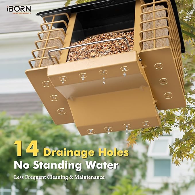 iBorn Bird Feeders for Outdoors,Bird Feeder with Double Suet Holders,Suet Feeder for Outside,Weatherproof Metal Roof,Easy to Refill&Clean,3.2 LBs Seed Capacity+2X Cakes,1 Pack,Black Roof & Yellow Grid