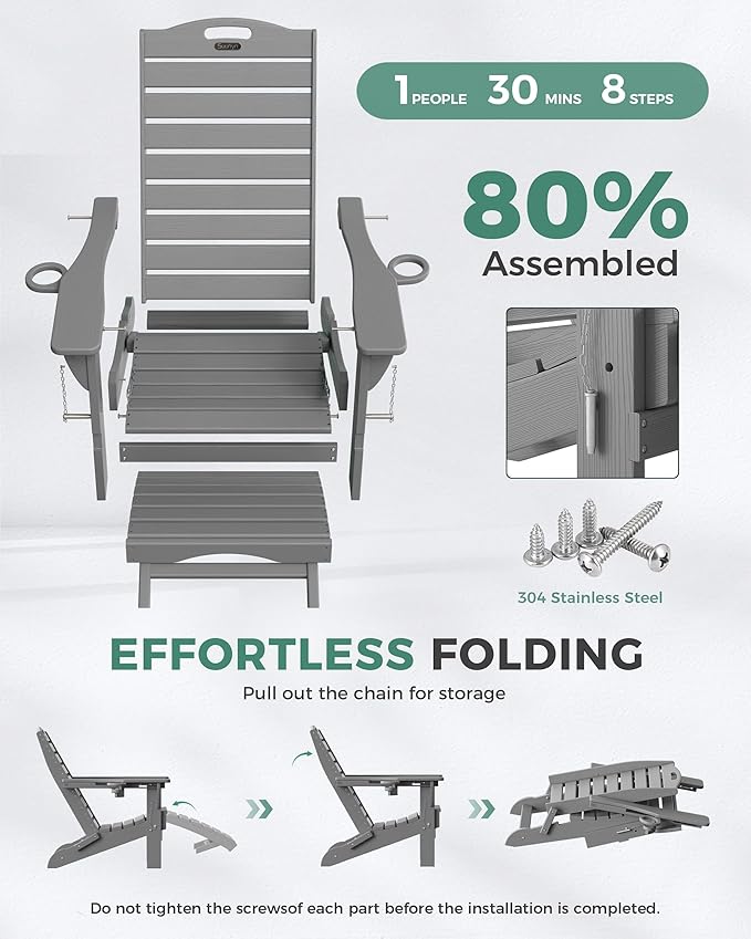 Folding Adirondack Chairs Set of 4,Adirondack Chair with Retractable Ottoman,Plastic Adirondack Chairs with 2 Cup Holder,Weather Resistant Patio Chair,Outdoor Chairs Set of 4(Gray)