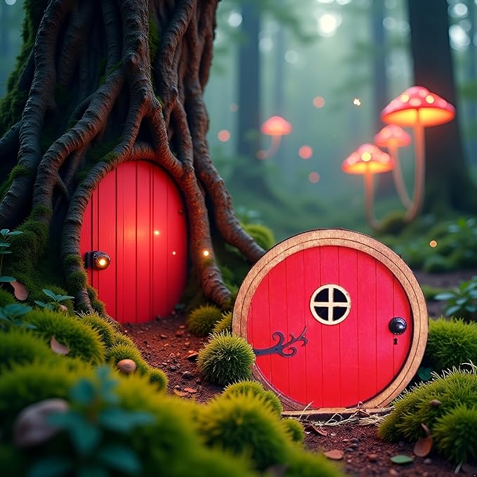 Red Fairy Garden Door for Tree, Fairy Doors for Trees Outdoor & Tree Trunk, Mini Fairy Garden Sculpture Lawn Ornament Decor, Fairytale Tiny House Doors Mini Gift, Fairytales Door Decoration