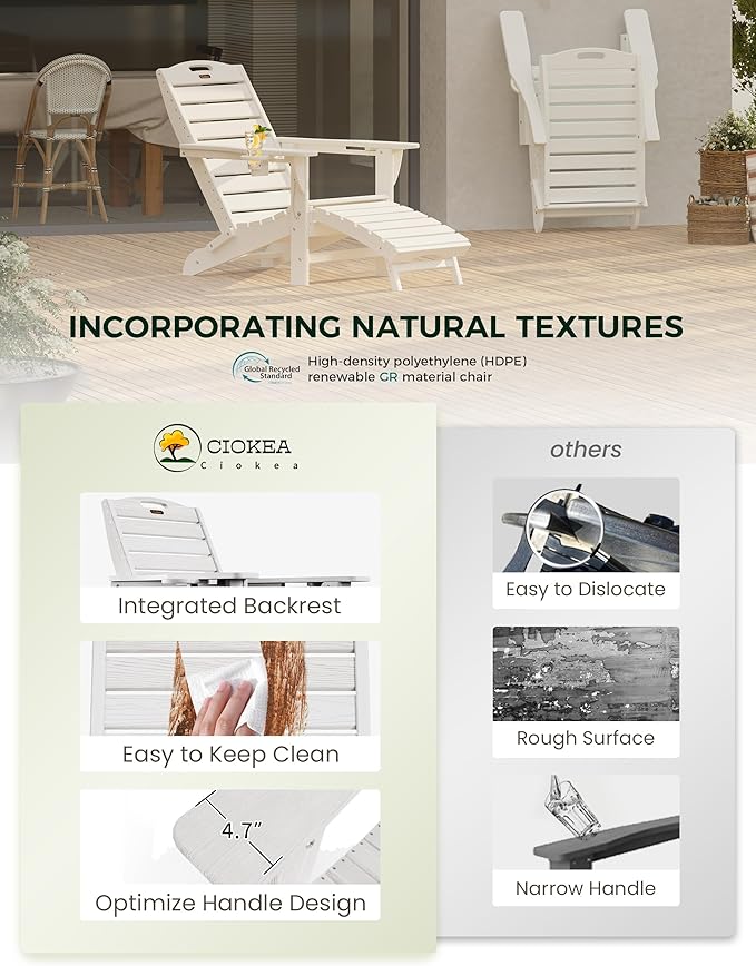 Ciokea Folding Adirondack Chair with Retractable Ottoman Fire Pit Patio Chair with Pull Out Foot Rest Weather Resistant Lawn Outdoor Lounge Chair with 2 Cup Holder (White)