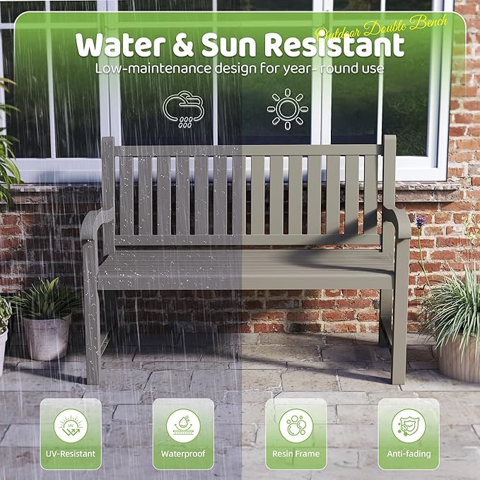 Outdoor Bench, Waterproof & Weatherproof Garden Bench with Ergonomic Design, 2-Person Resin Bench for Porch, Deck, Patio, Outdoor, Garden & Park(Grey)